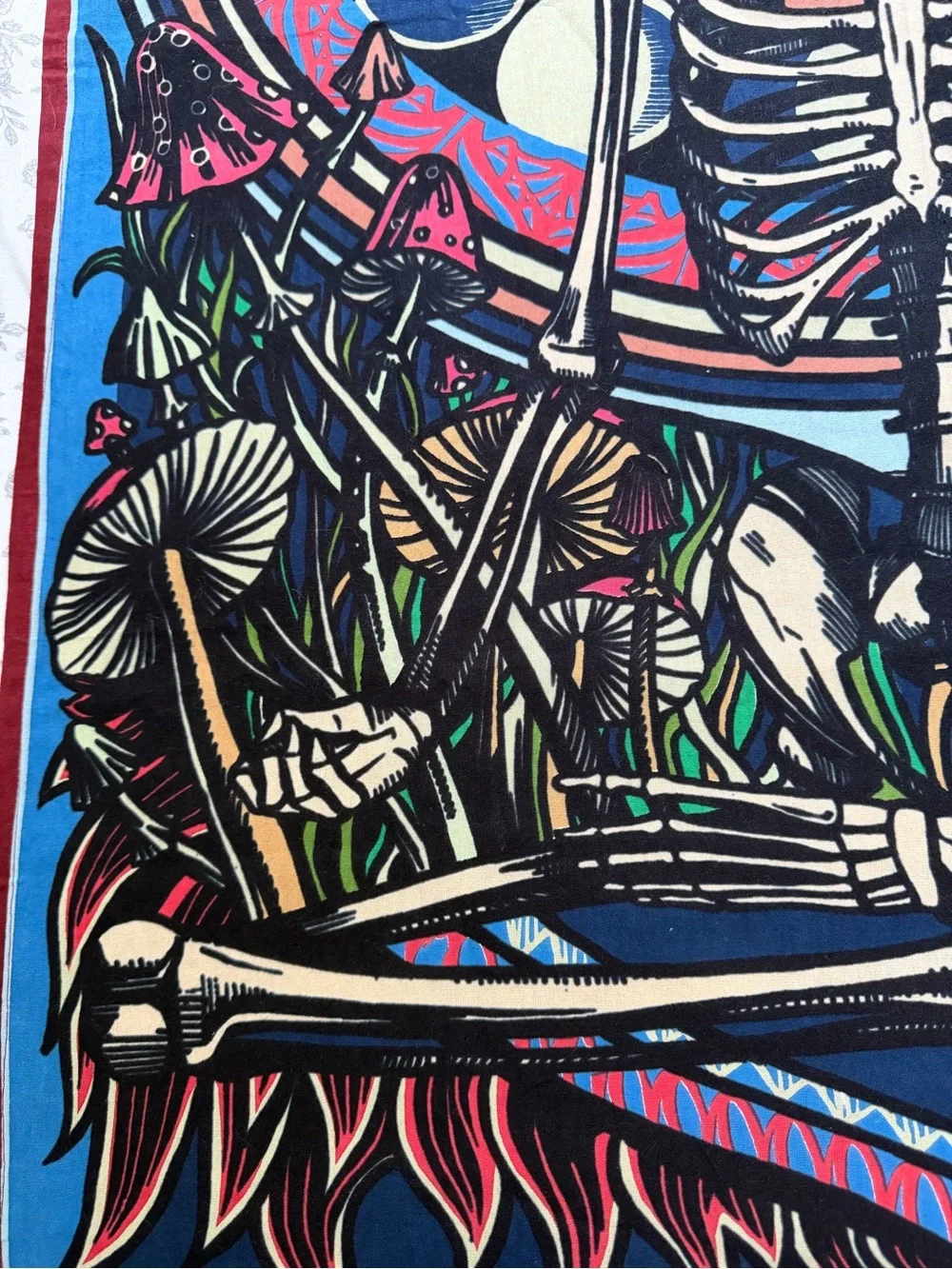 Psychedelic Skeleton & Mushroom Tapestry - Blue and Pink 0162